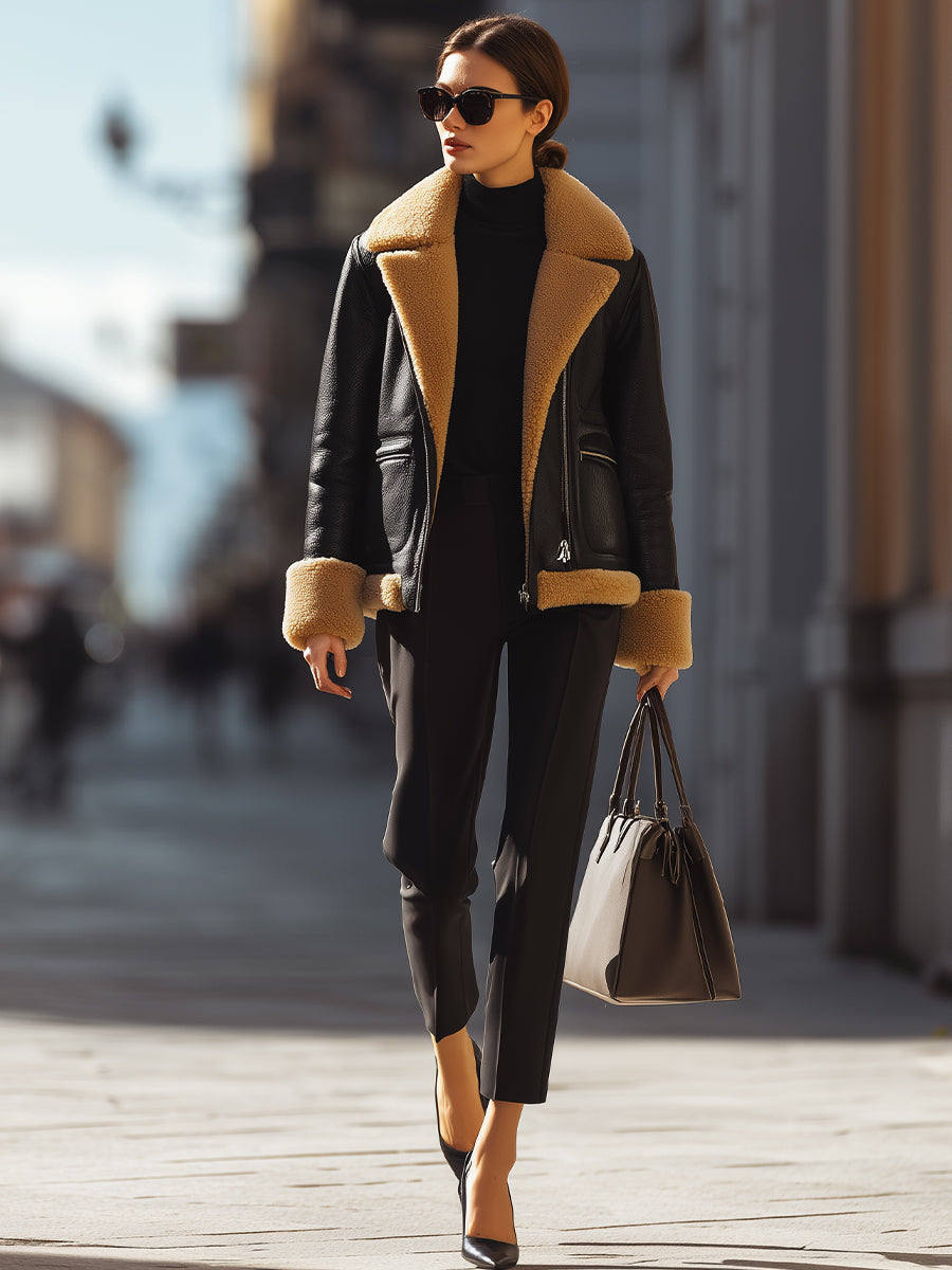 Warm Black Shearling-Lined Aviator - Jacket