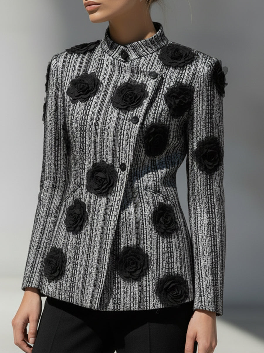 Women's Black & White Striped Floral Appliqué - Jacket