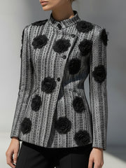 Women's Black & White Striped Floral Appliqué - Jacket