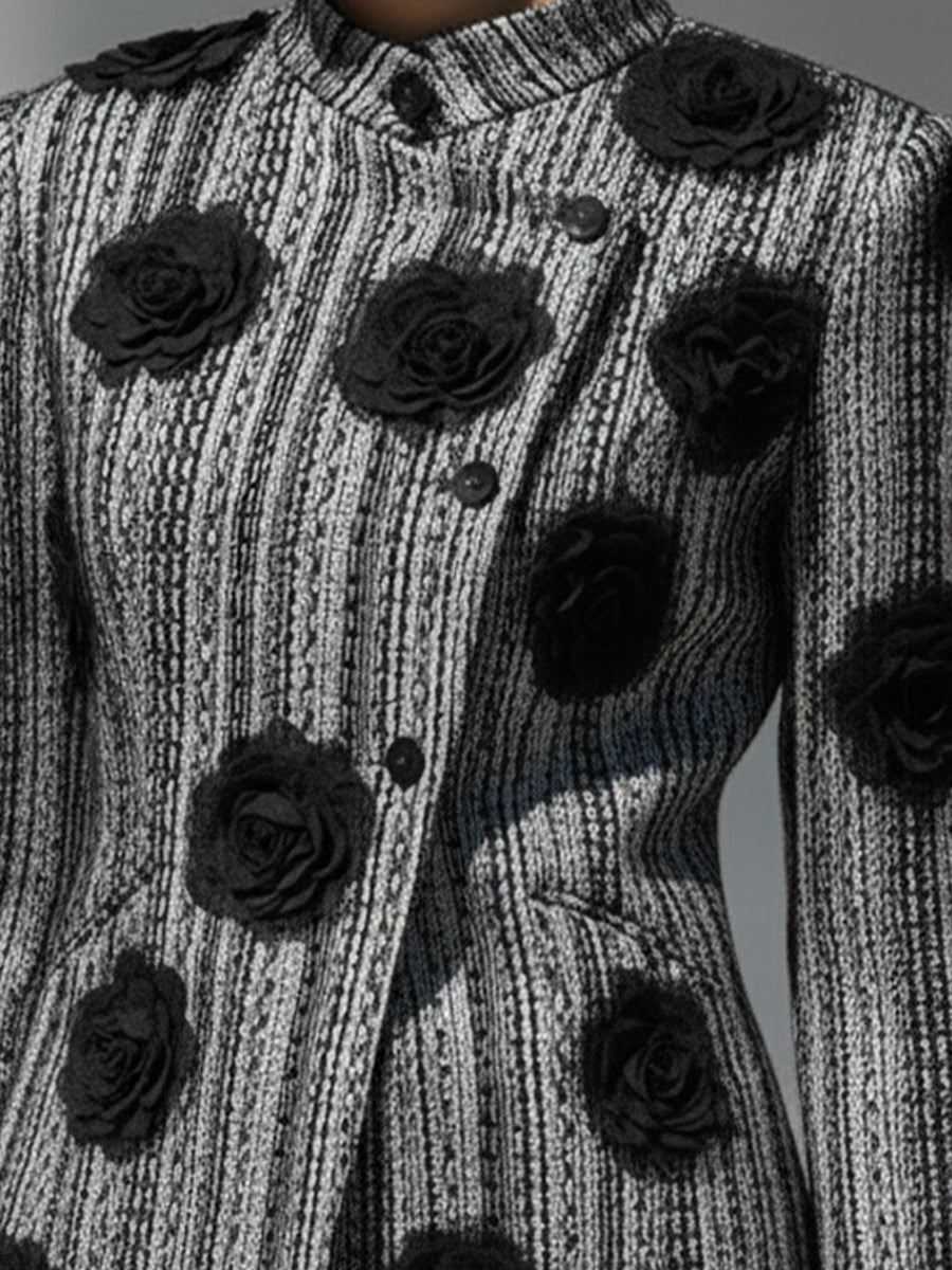 Women's Black & White Striped Floral Appliqué - Jacket
