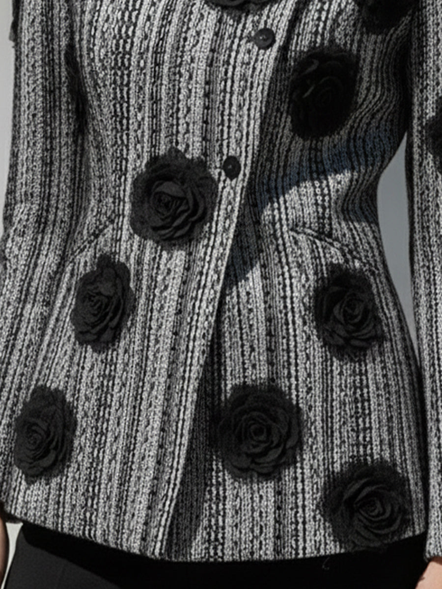 Women's Black & White Striped Floral Appliqué - Jacket