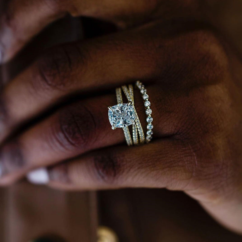 3pcs Classic Golden Tone Cushion Cut Wedding Ring Set In Sterling Silver Shineofdiamond