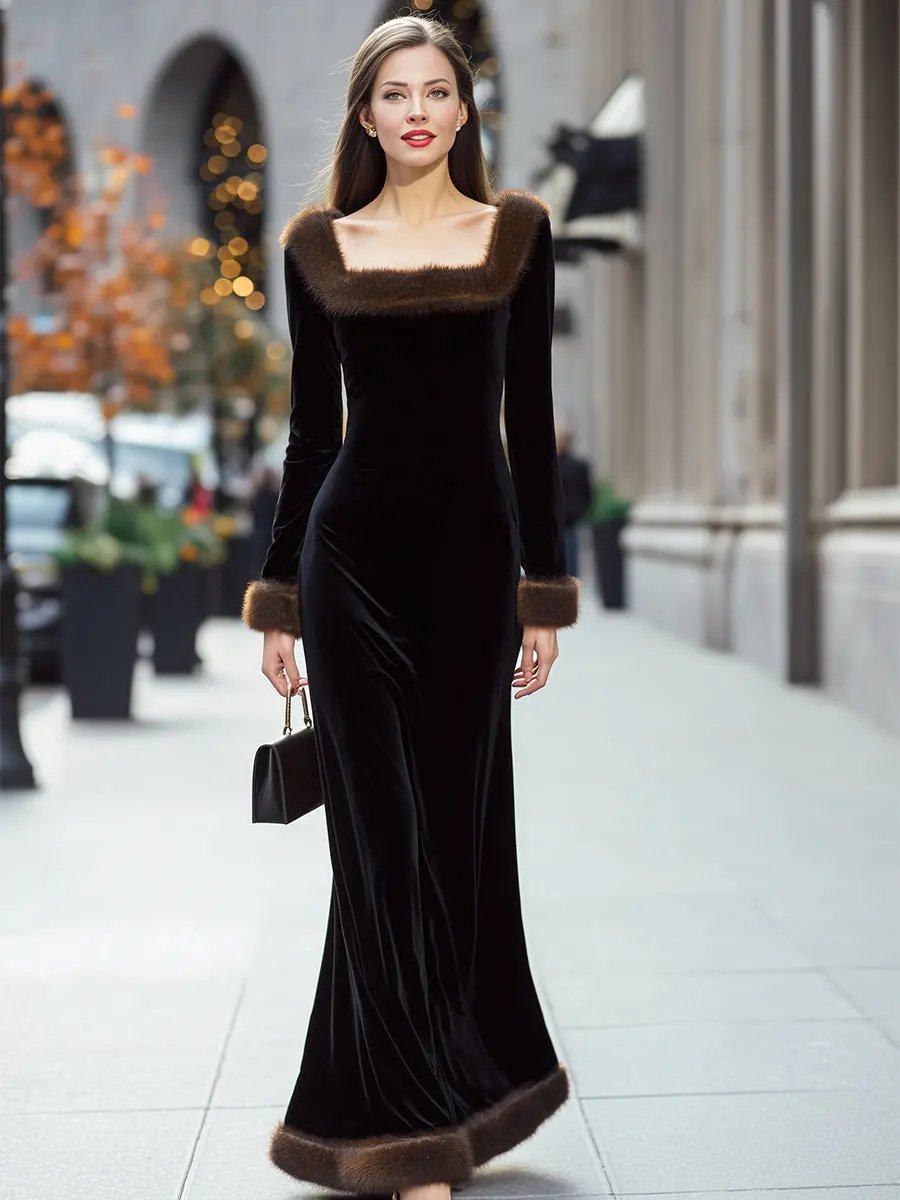 Luxury Black Velvet Evening Gown with Faux Fur Trim - Maxi Dress CASA LARO