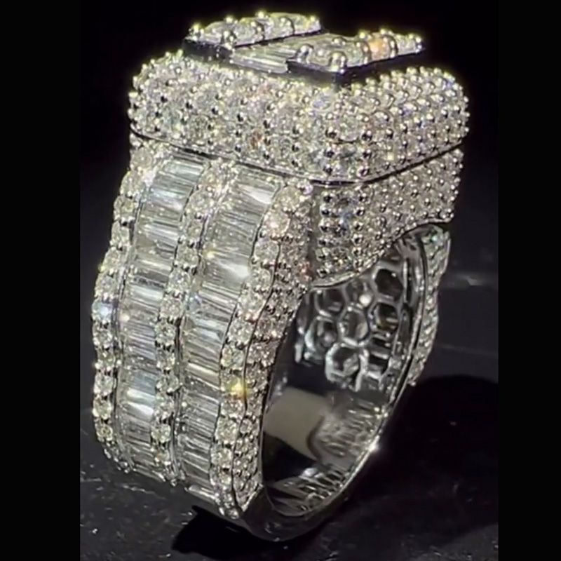 Luxury Iced Out Square Baguette and Round Cut Men's Ring hot