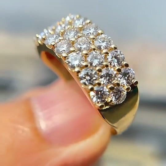 Triple Row Round Cut Wedding Band in Golden Tone Shineofdiamond