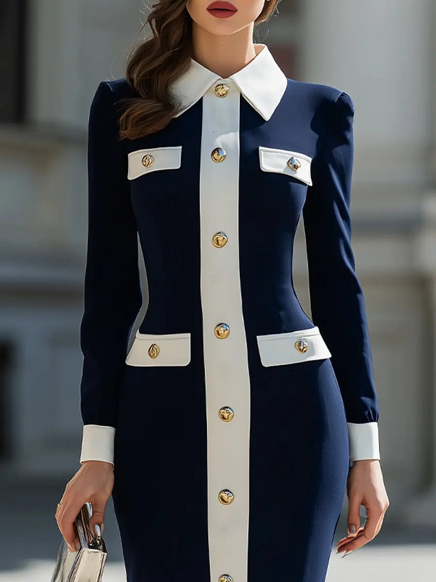 Navy & White Contrast Button-Front Shirt Dress - Midi Dress CASA LARO