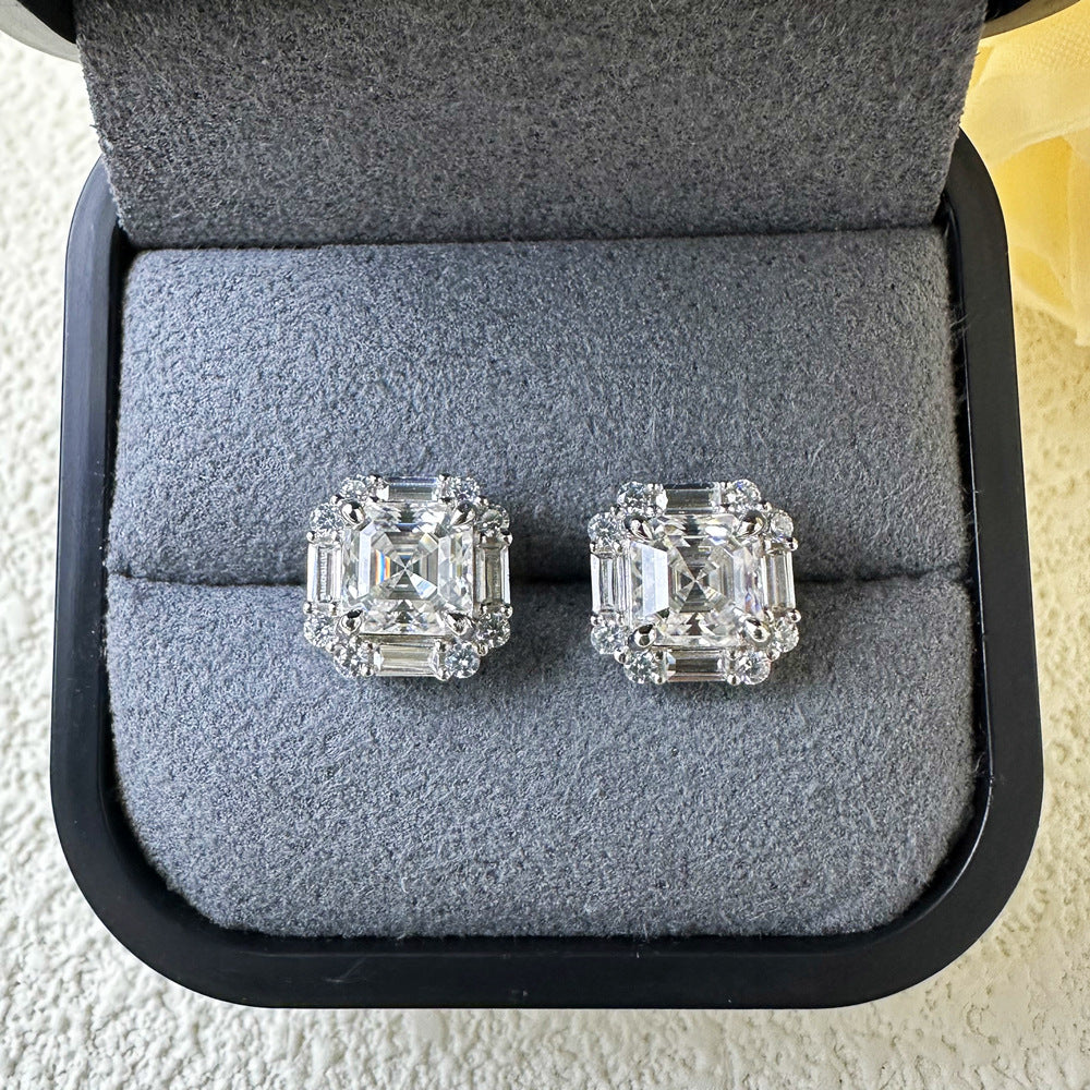 Asscher Cut Moissanite Silver Stud Earrings Shine of Diamond