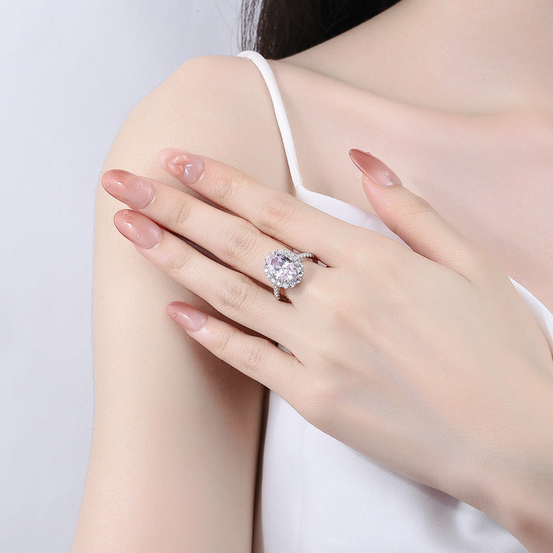 Oval Cut Halo Sterling Silver Engagement Ring With Half Eternity Band Shineofdiamond