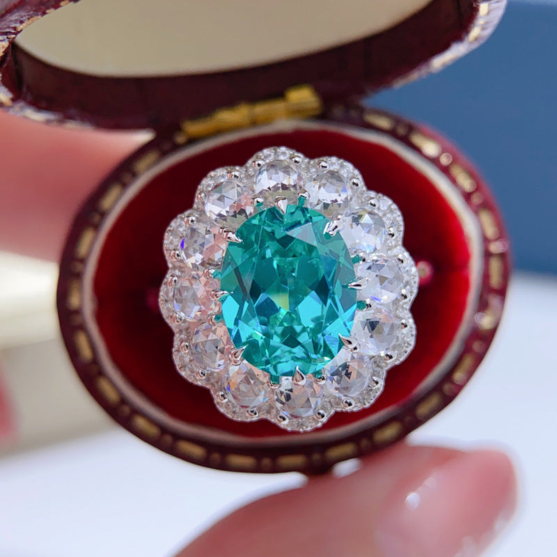 Vintage Flower Design Green Oval Cut Sterling Silver Engagement Ring shine of diamond