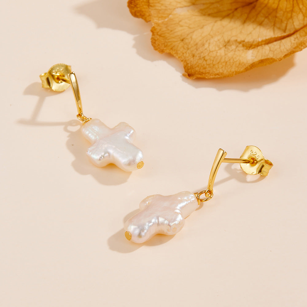 Cross Shape Pearl Drop Earrings Shine of Diamond