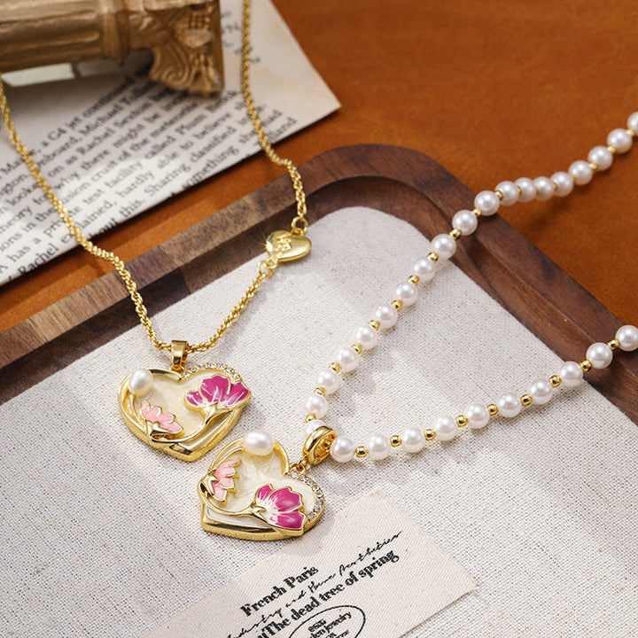 Retro Flower Heart Design Pearl Necklace Carly Jewelry