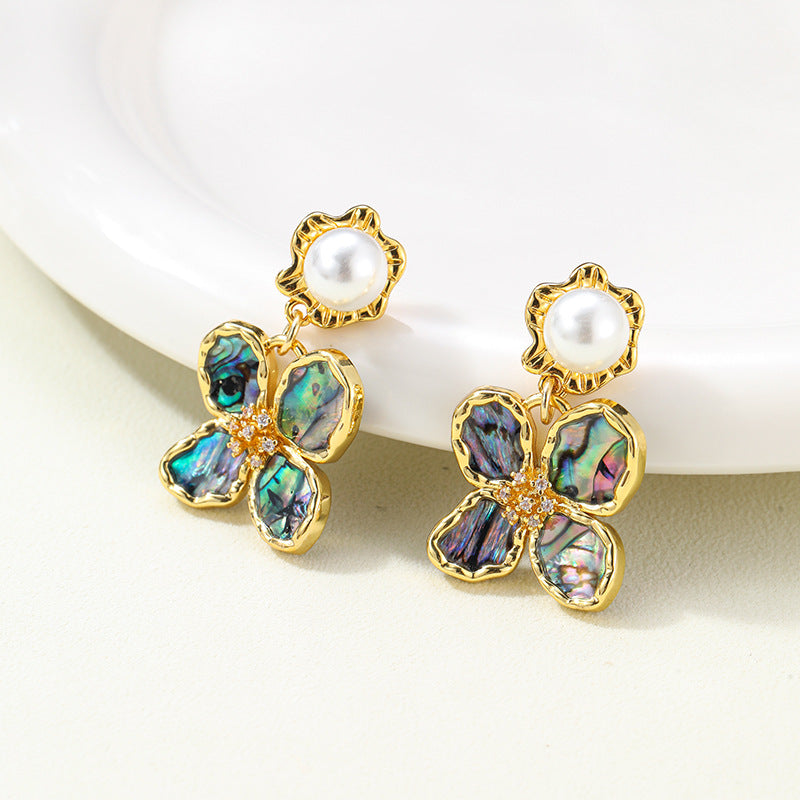 Retro Abalone Flower Pearl Tassel Earrings Carly Jewelry
