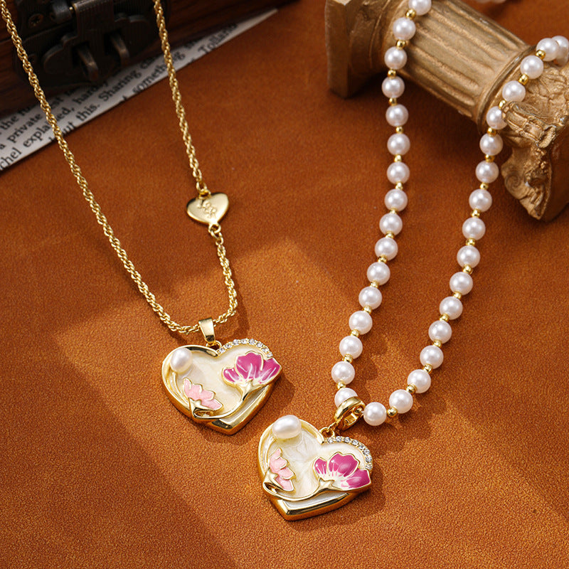 Retro Flower Heart Design Pearl Necklace Carly Jewelry