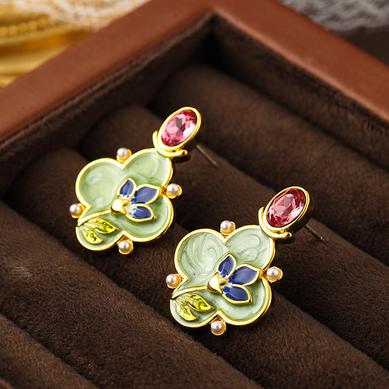 Enamel Flower Oil Painting Pearl Drop Earrings And Necklace Carly Jewelry