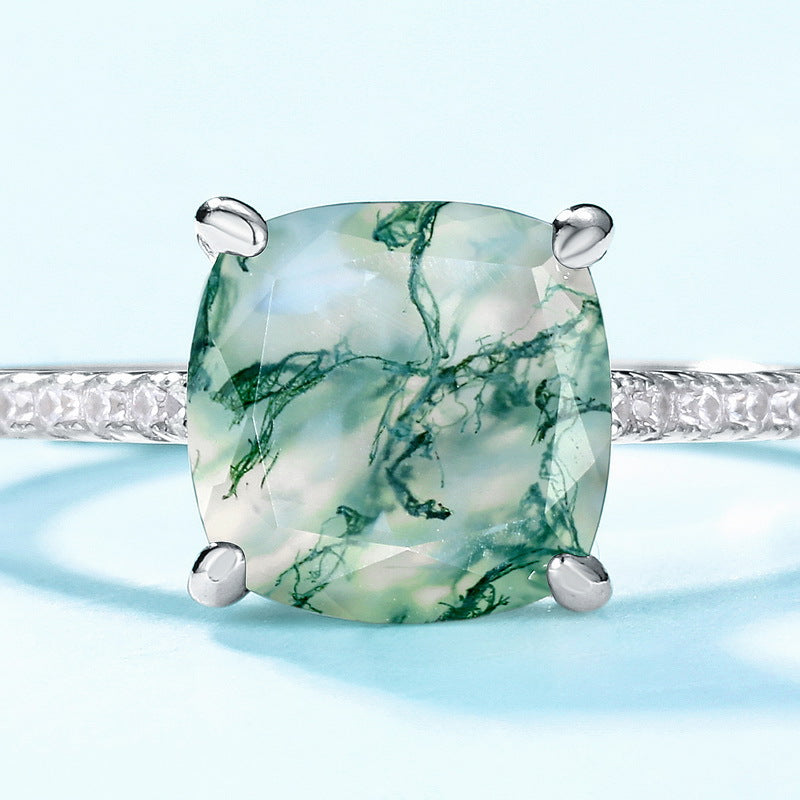 Cushion Shape Natural Green Moss Agate Ring Carly Jewelry