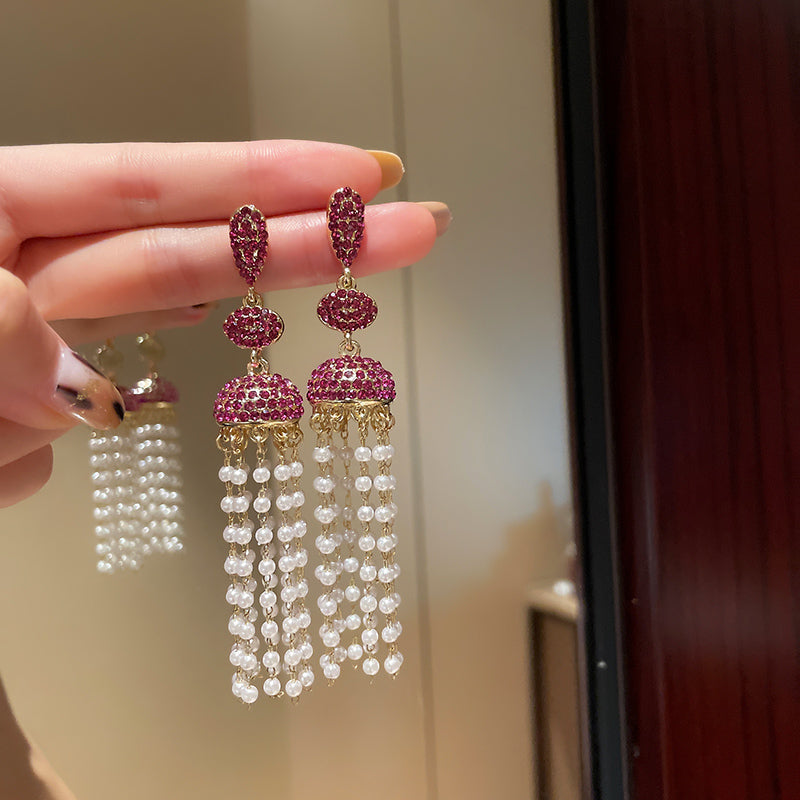 Rhinestones Paved Drop Earrings With Pearl Fringe Dobrilajewelry