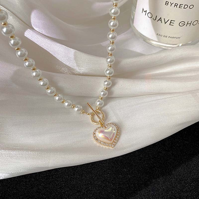 Elegant Pearl Heart Pendant Necklace Shine of Diamond
