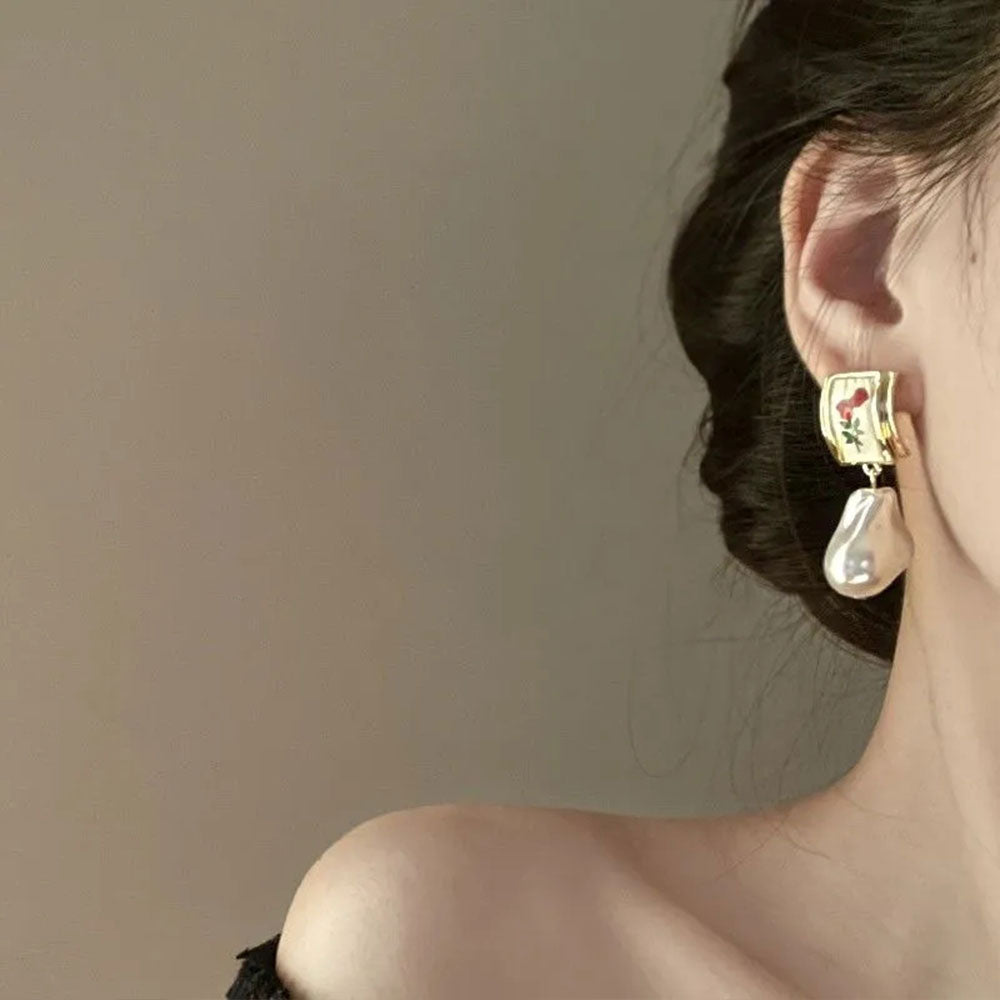 Vintage Red Rose Pearl Drop Earrings Dobrilajewelry