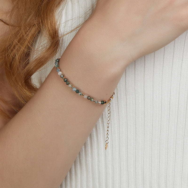 Natural Water Grass Agate with Pearls Sterling Silver Bracelet Shine of Diamond