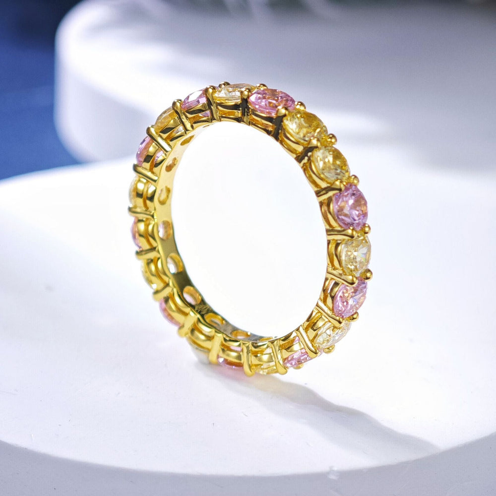 Yellow and Pink Gemstone Sterling Silver Eternity Wedding Band in Golden Tone shine of diamond