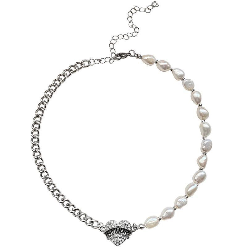Chic AMOUR Paved Heart Pearl Choker Shine of Diamond