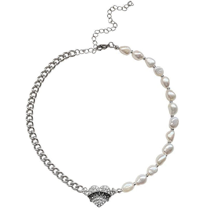 Chic AMOUR Paved Heart Pearl Choker Shine of Diamond