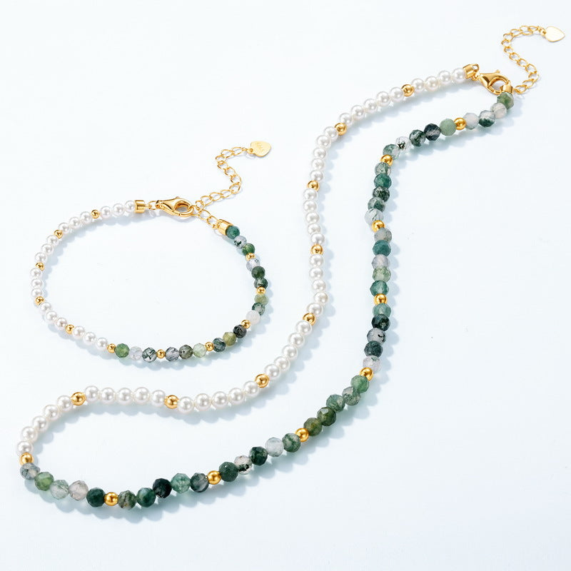 Natural Water Grass Agate with Pearls Sterling Silver Bracelet Shine of Diamond