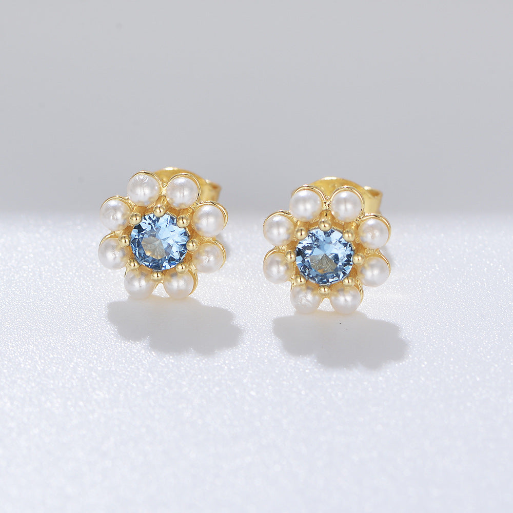 Blue Flower Design Pearls Stud Earrings Carly Jewelry