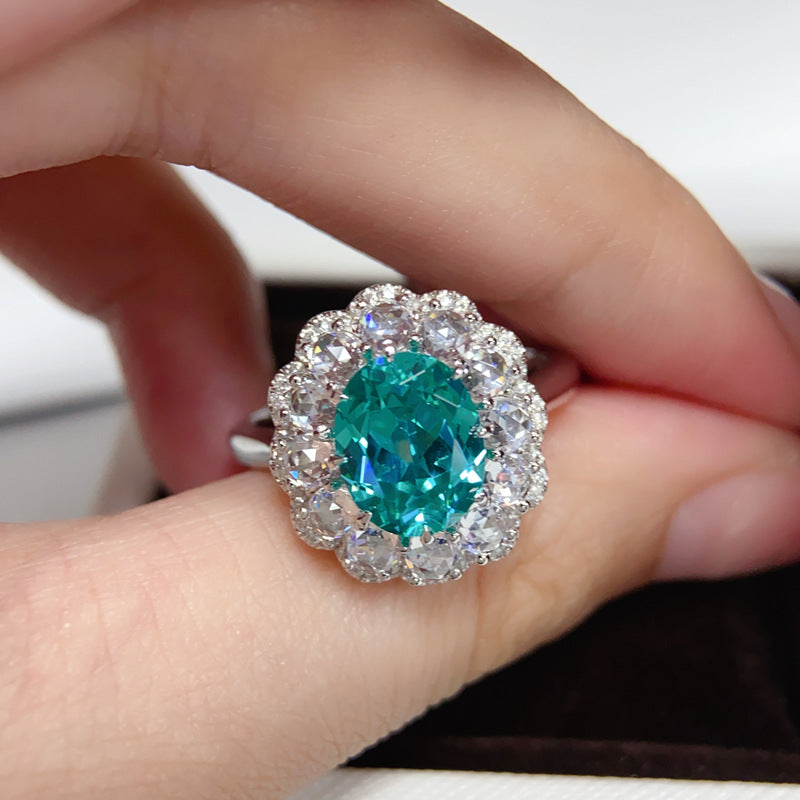 Vintage Flower Design Green Oval Cut Sterling Silver Engagement Ring shine of diamond