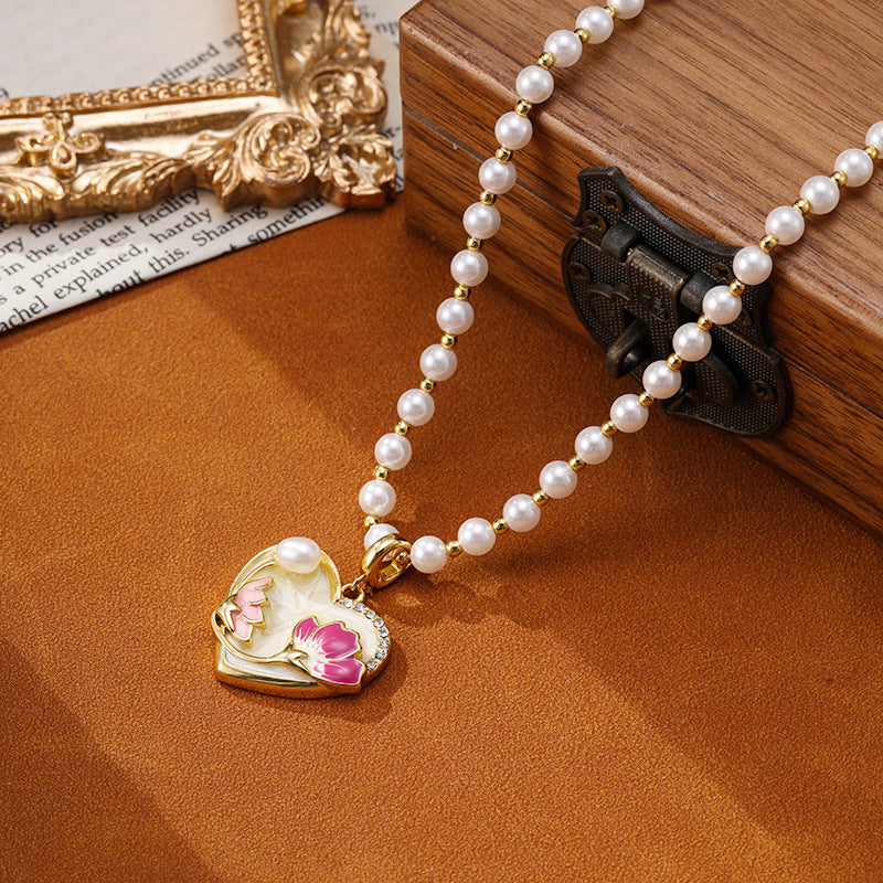 Retro Flower Heart Design Pearl Necklace Carly Jewelry