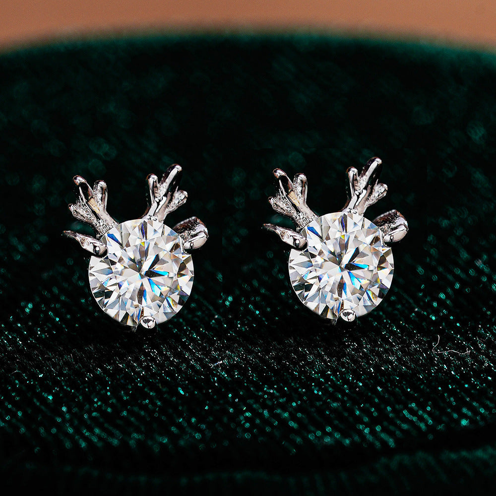 Cute Antler Reindeer Design Moissanite Silver Earrings Shine of Diamond
