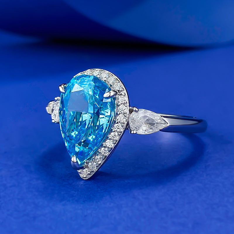 Vintage-Style Halo Aquamarine Pear Cut Engagement Ring in Sterling Silver Shineofdiamond