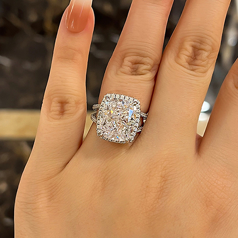 Luxurious Split Shank Halo Cushion Cut Sterling Silver Engagement Ring Shineofdiamond