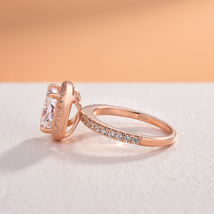 Rose Gold Tone Halo Radiant Cut Engagement Ring In Sterling Silver Shineofdiamond
