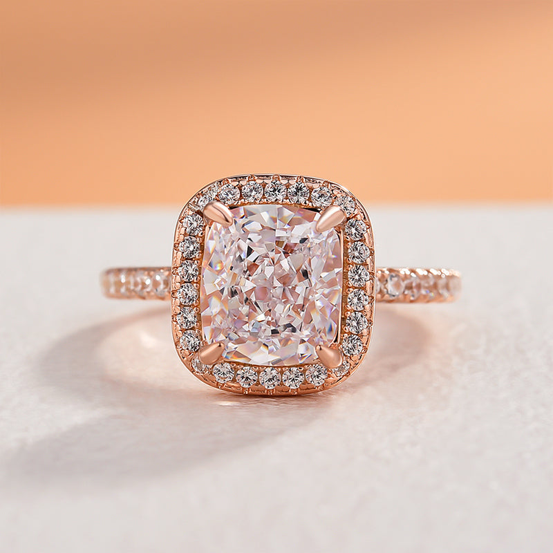Rose Gold Tone Halo Radiant Cut Engagement Ring In Sterling Silver Shineofdiamond