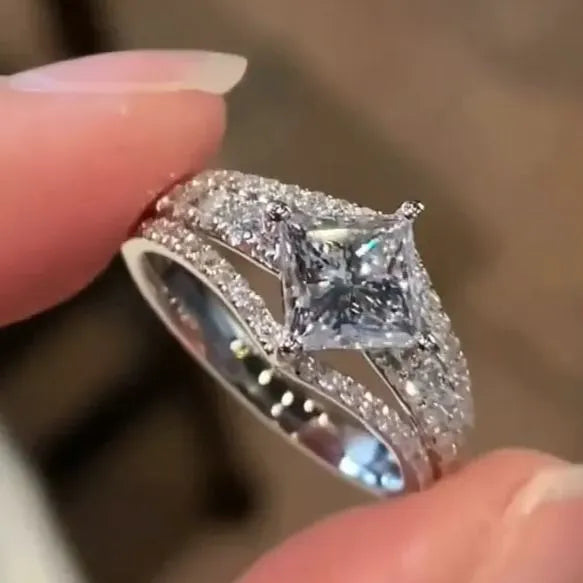 Sparkling Princess Cut Engagement Ring In Sterling Silver Shineofidamond