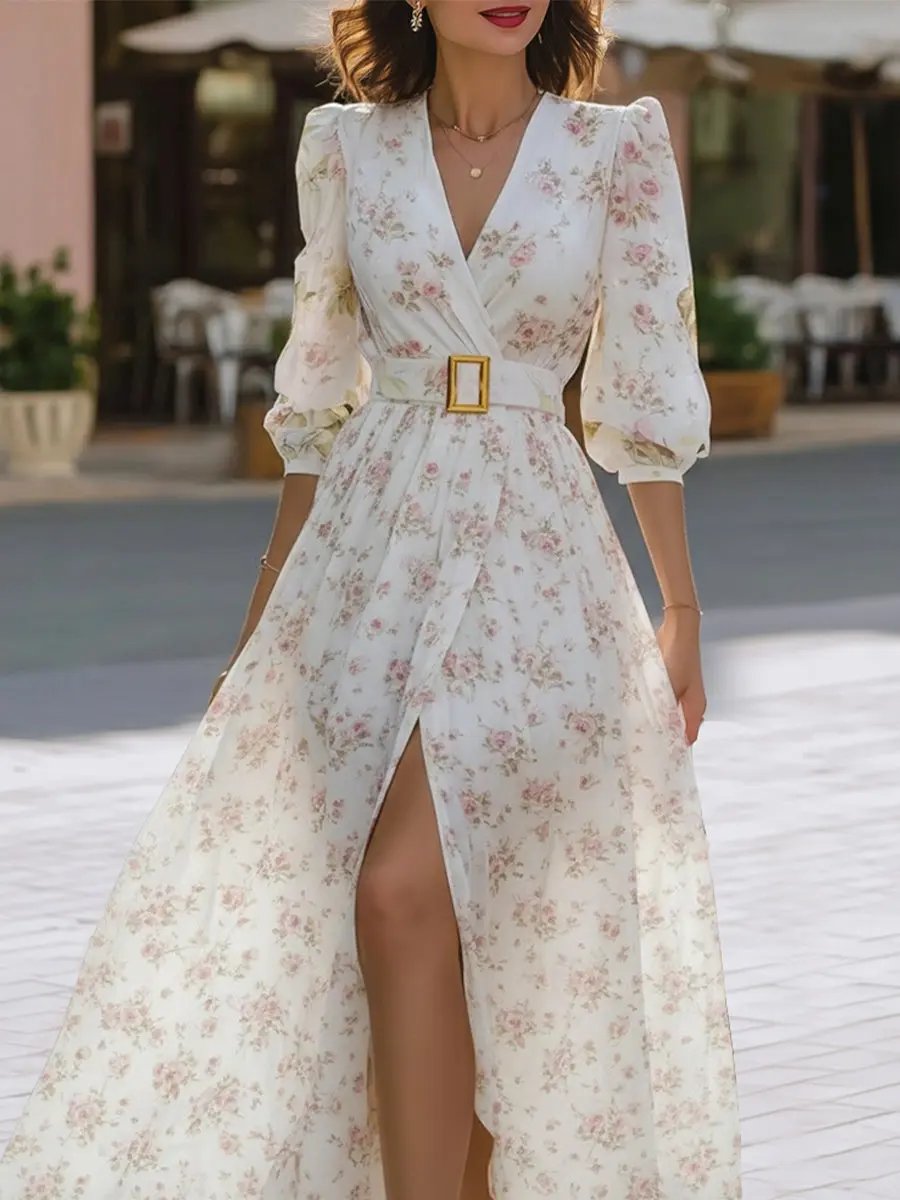 Romantic Floral Chiffon Belted Waist - Maxi Dress CASA LARO