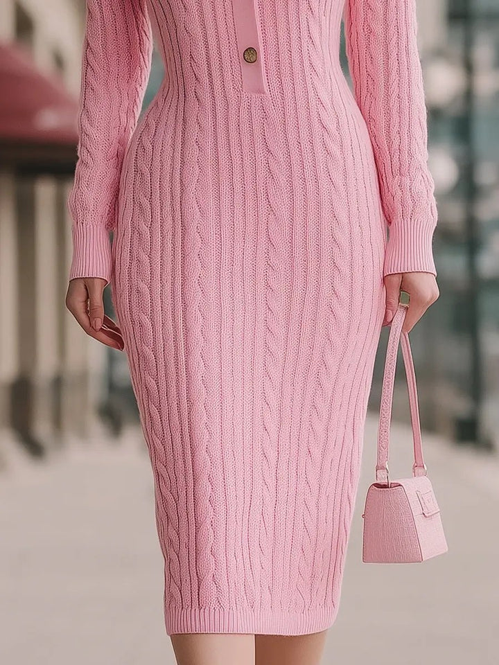 Sweet Pink Cable-Knit Polo Collar - Midi Dress CASA LARO