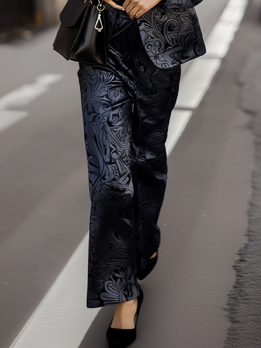 Sophisticated Black Jacquard Trousers with Floral Motifs ZJ