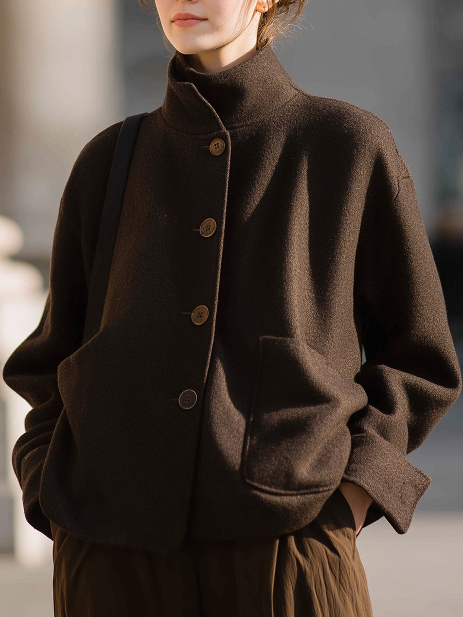 Minimalist Brown Wool Stand-Collar - Women's Jacket