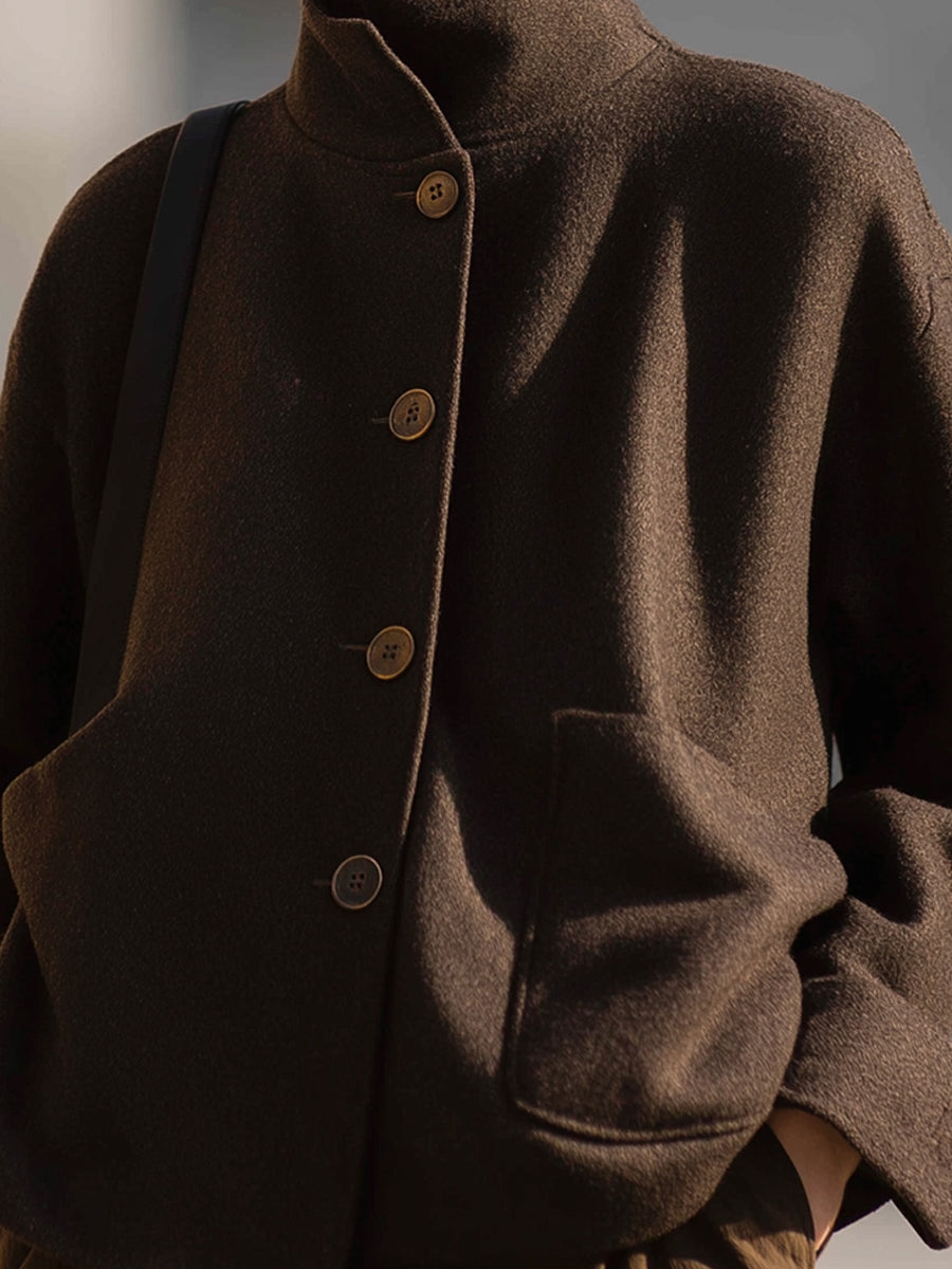 Minimalist Brown Wool Stand-Collar - Women's Jacket