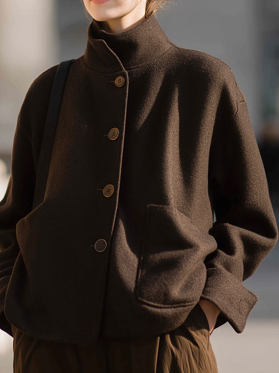 Minimalist Brown Wool Stand-Collar - Women's Jacket