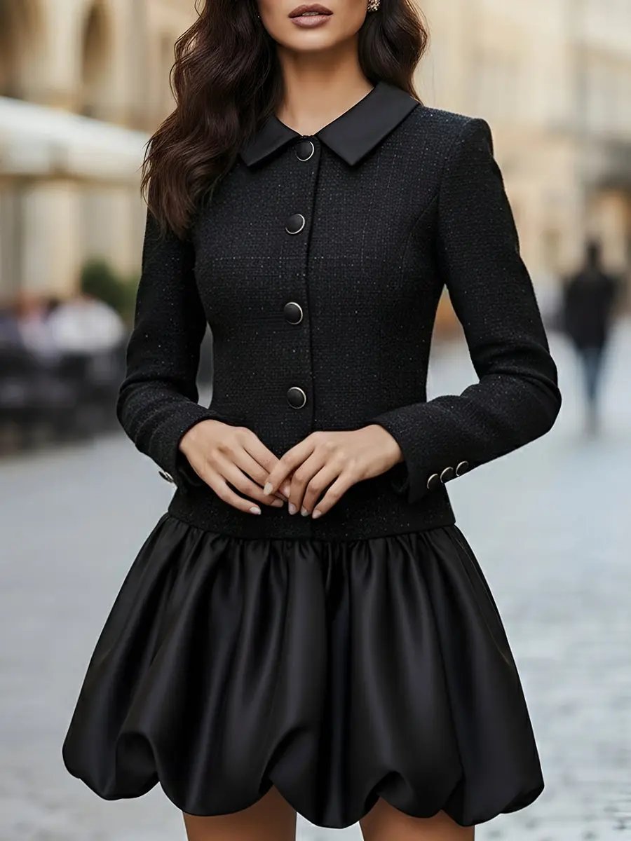 Tweed-Trim Satin Bubble Hem - Mini Dress CASA LARO