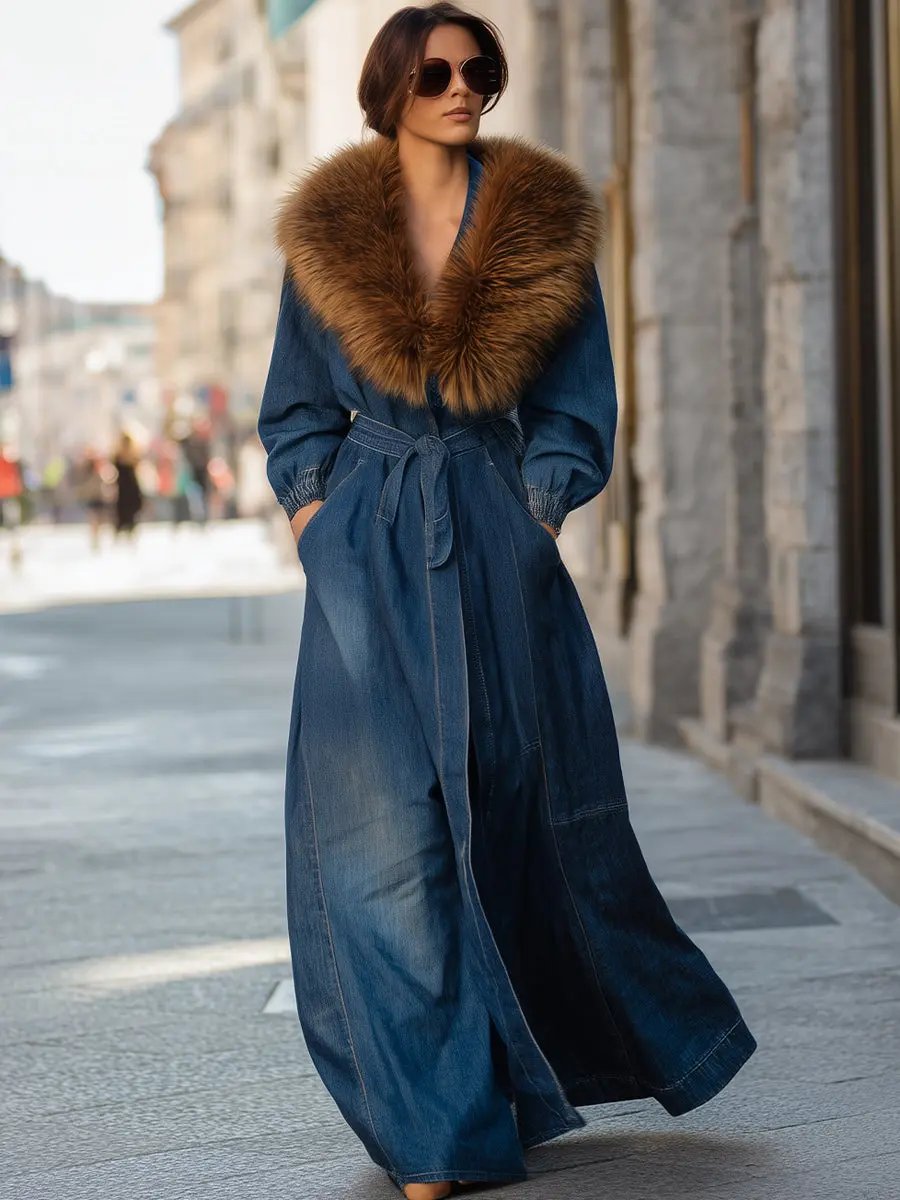 Women's Faux Fur Collar Longline Denim Coat - Denim Coat CASA LARO
