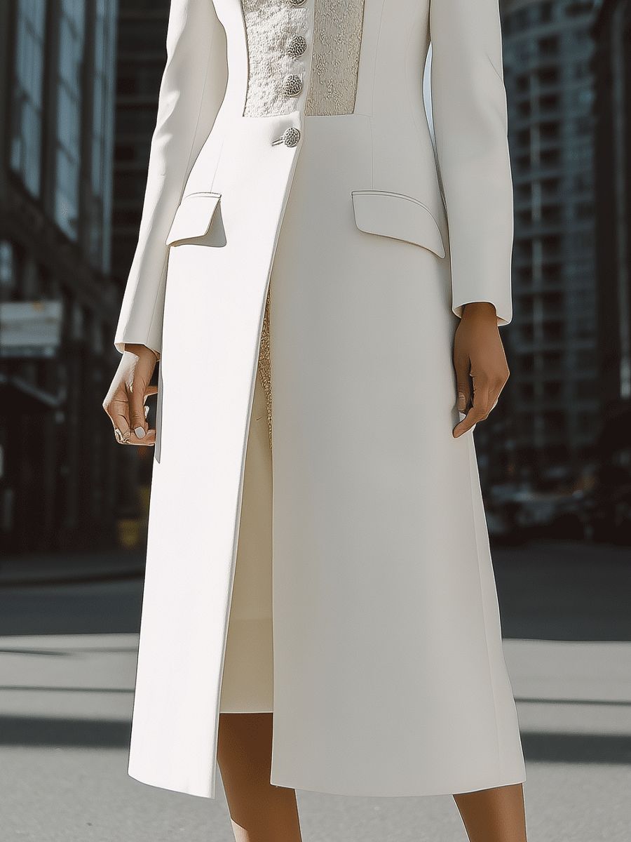 Ivory Longline Coat with Textured Contrast Panel & Silver Buttons - Coat