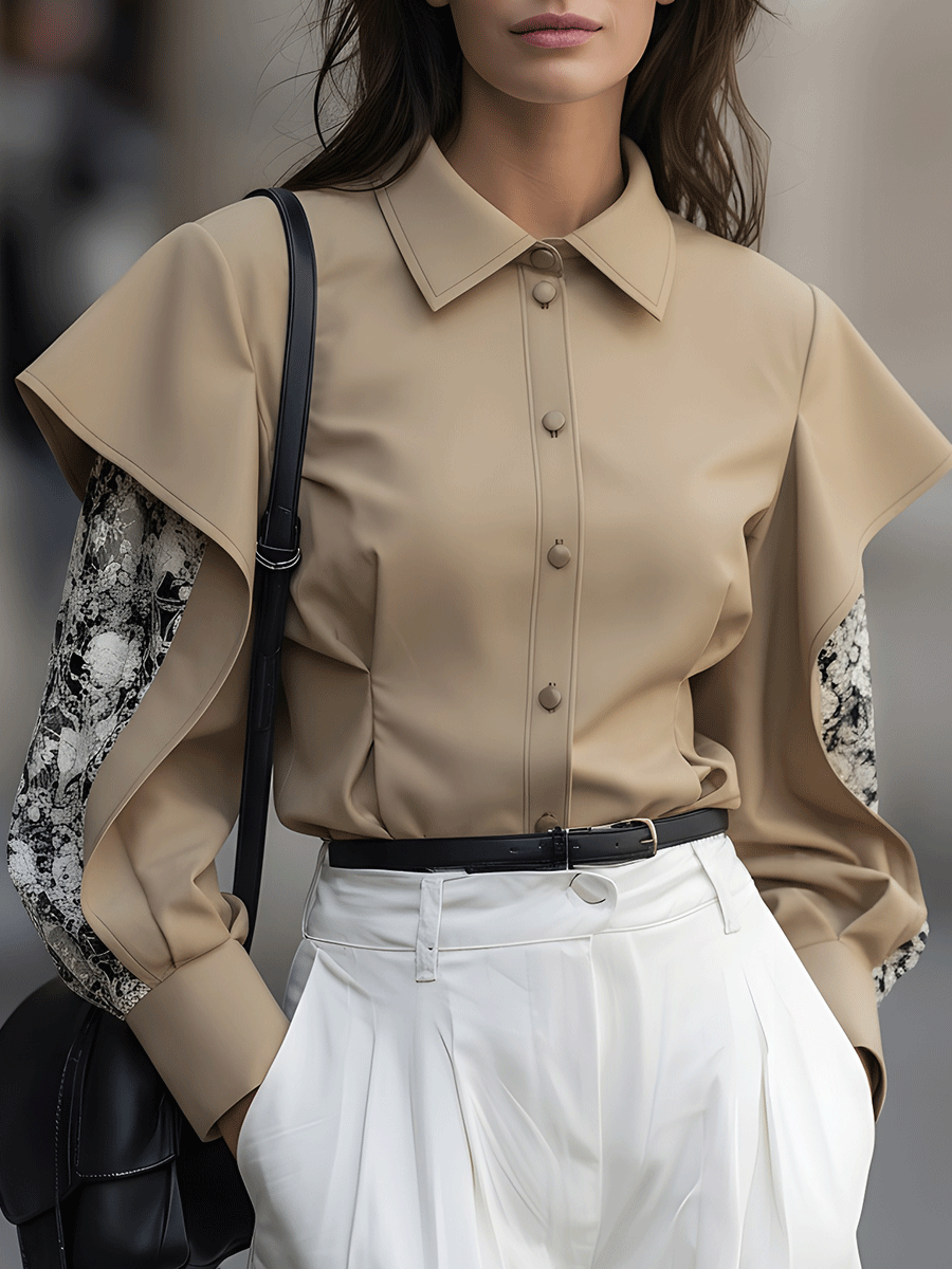 Taupe Button-Down With Draped Overlay Sleeves and Floral Contrast - Blouse