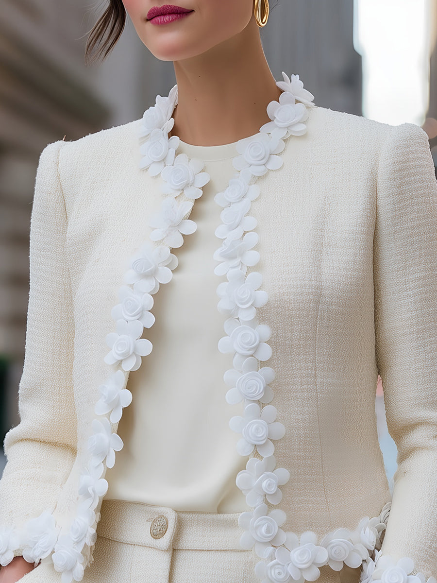 Tweed Jacket With 3D Floral Appliqué Trim - Jacket