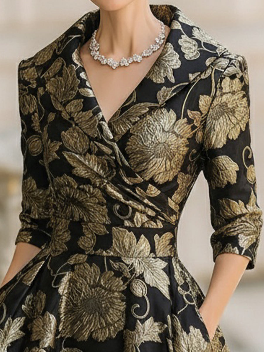 Black and Gold Jacquard Floral Metallic Detail - Midi Dress