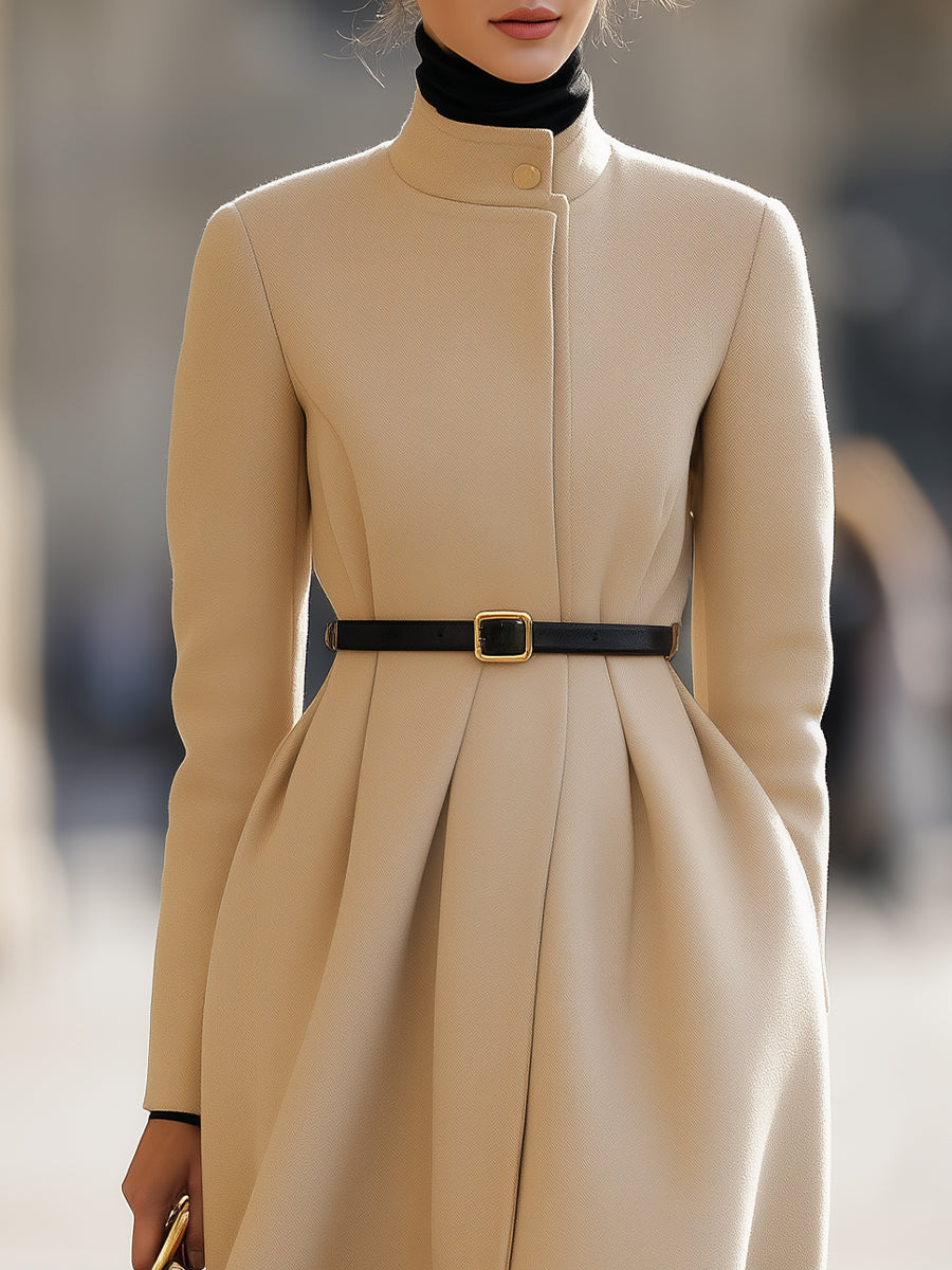 Elegant Beige Belted Tailored Trench - Midi Coat