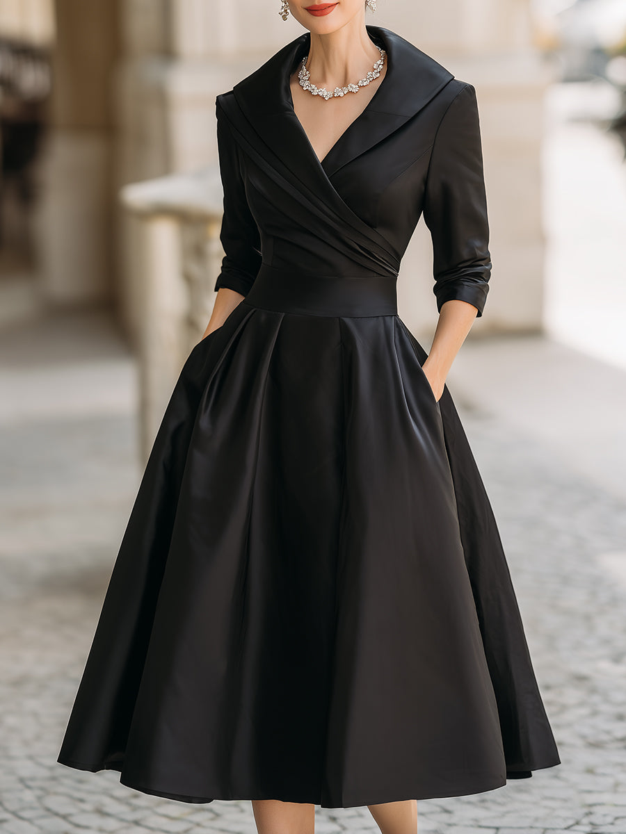 Vintage Satin Draped Collar Elegant Silhouette - Midi Dress